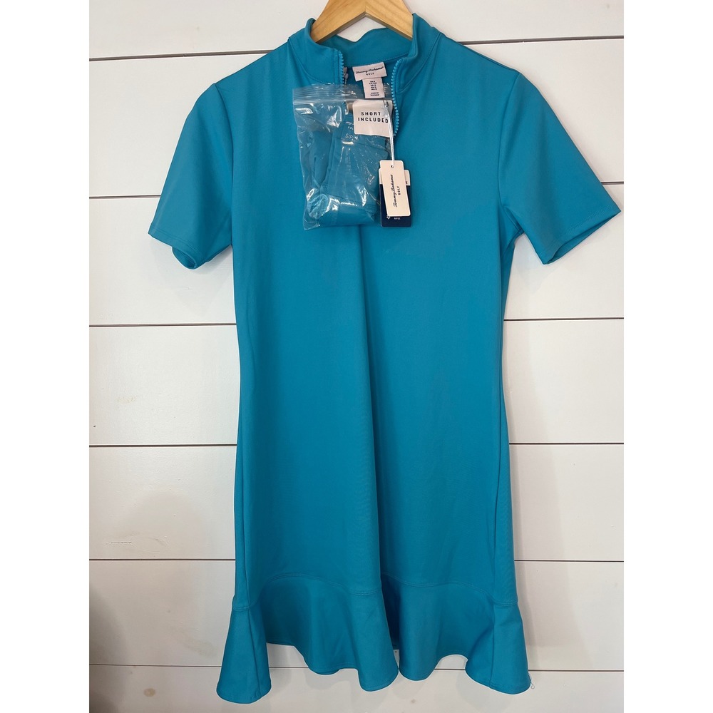 NWT Tommy Bahama Golf Womens Teal Blue Ruffle Hem Quarter Zip Dress w/ Shorts S